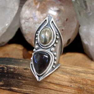 Warrior Shield Ring // Iolite Sunstone and Pyrite- Size 9.5 - Acid Queen Jewelry