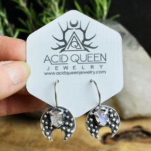 Moon Dangle Earrings //  Rainbow Moonstone