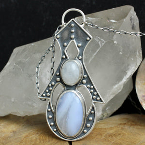 Voyager Key Necklace // Rainbow Moonstone + Blue Lace Agate