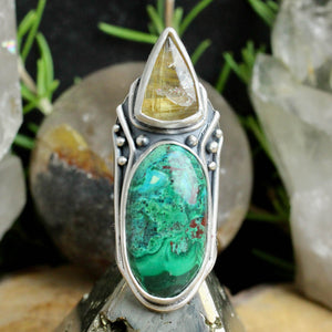 Warrior Shield Ring // Chrysocolla and Rutilated Quartz - Size 8.5