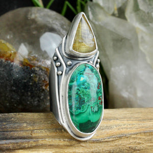 Warrior Shield Ring // Chrysocolla and Rutilated Quartz - Size 8.5