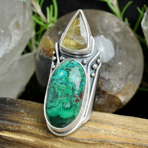 Warrior Shield Ring // Chrysocolla and Rutilated Quartz - Size 8.5