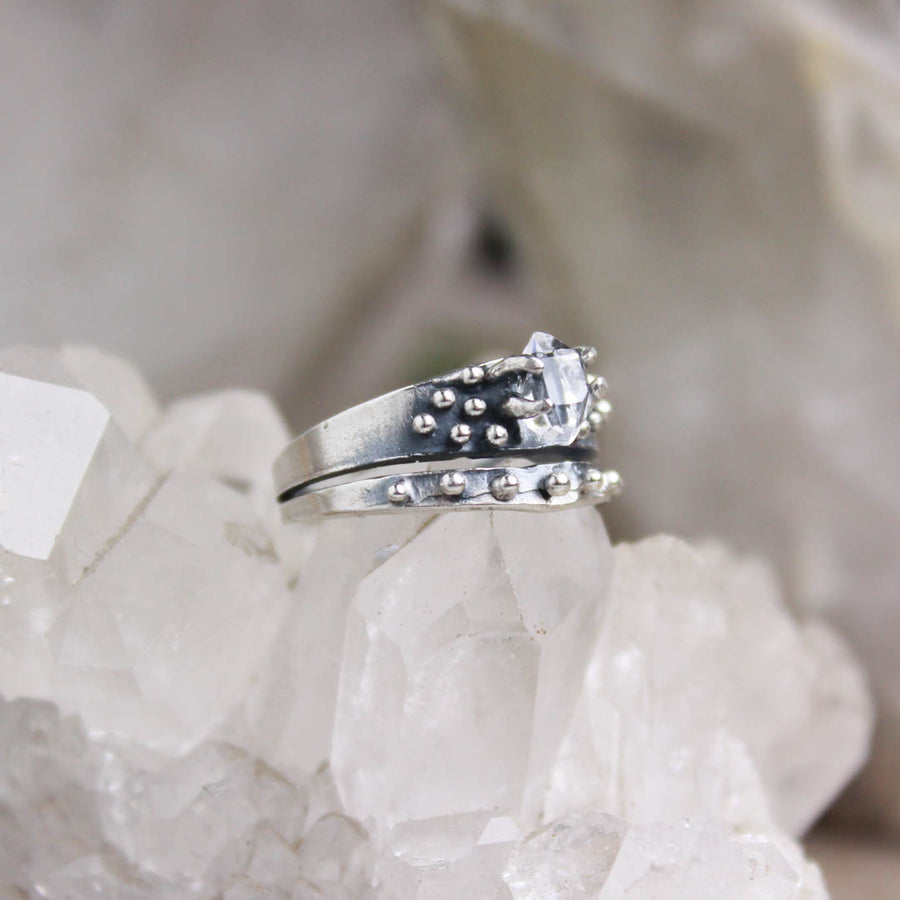 The Queen's Ring - Herkimer Diamond- Sterling Silver - Antiqued