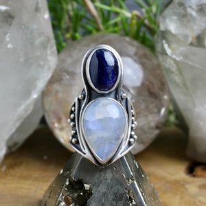Warrior Mini Shield Ring // Kyanite + Rainbow Moonstone - Size 11 - Acid Queen Jewelry