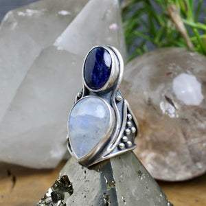 Warrior Mini Shield Ring // Kyanite + Rainbow Moonstone - Size 11 - Acid Queen Jewelry