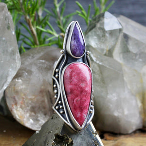 Warrior Shield Ring // Thulite + Charoite - Size 9 - Acid Queen Jewelry