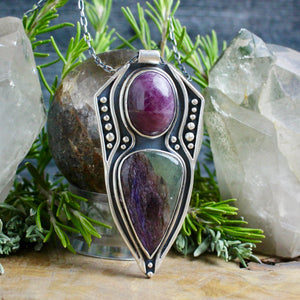 Voyager Shield Necklace // Ruby + Charoite - Acid Queen Jewelry