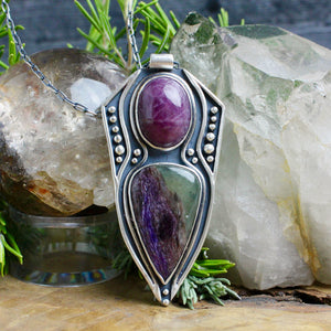 Voyager Shield Necklace // Ruby + Charoite - Acid Queen Jewelry
