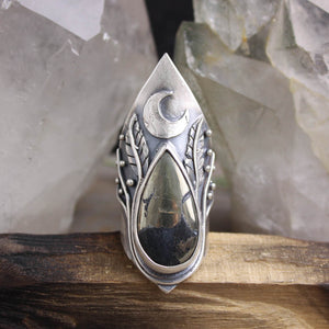 Feather Moon Shield Ring // Pyrite -  Size 9