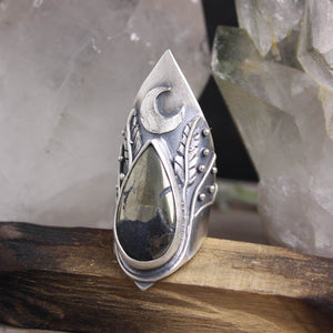Feather Moon Shield Ring // Pyrite -  Size 9
