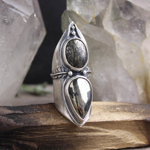 Feather Shield Ring // Double Pyrite Size 6.5