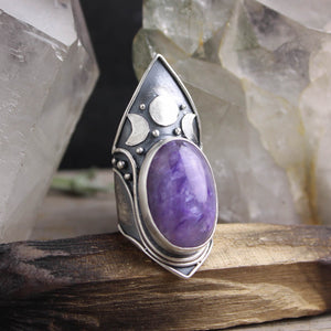 Moon Phase Shield Ring // Charoite - Size 9.5