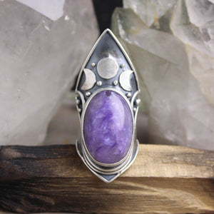 Moon Phase Shield Ring // Charoite - Size 9.5