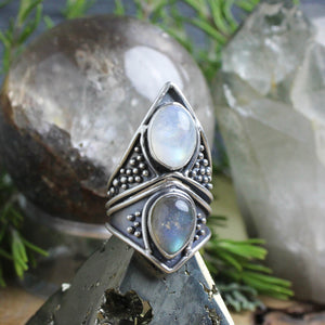 Eldreth Ring  // Moonstone + Labradorite - Size 8.5 - Acid Queen Jewelry