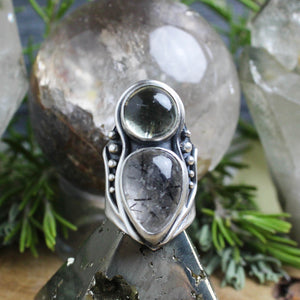 Warrior Mini Shield Ring // Aquamarine  + Tourmalated quartz  - Size 8.5 - Acid Queen Jewelry