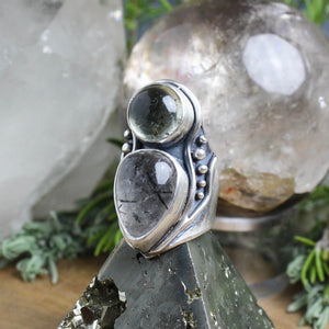 Warrior Mini Shield Ring // Aquamarine  + Tourmalated quartz  - Size 8.5 - Acid Queen Jewelry