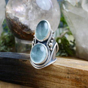 Warrior Mini Shield Ring // Double Aquamarine  - Size 6.5 - Acid Queen Jewelry