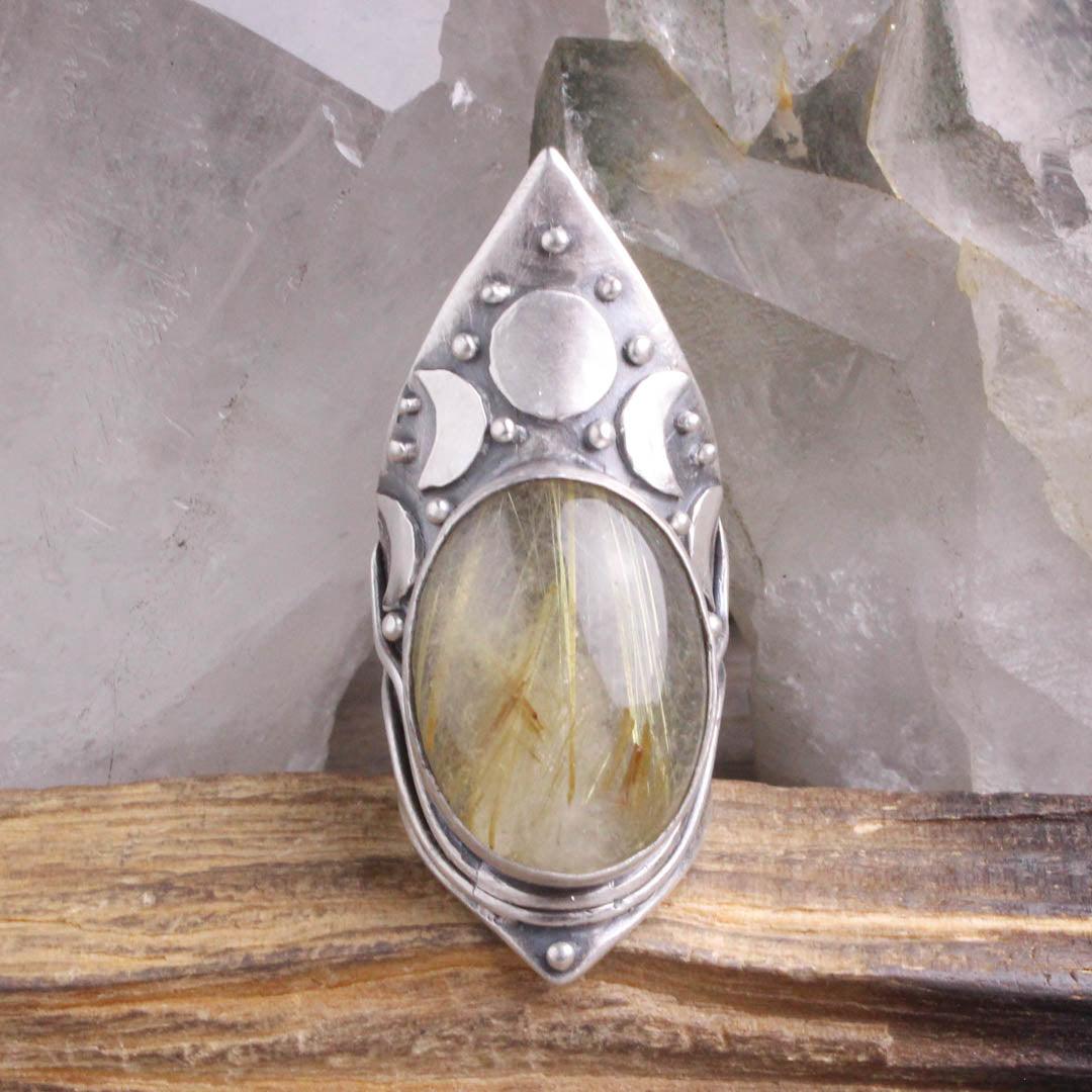 Moon Phase Shield Ring // Rutilated Quartz - Acid Queen Jewelry