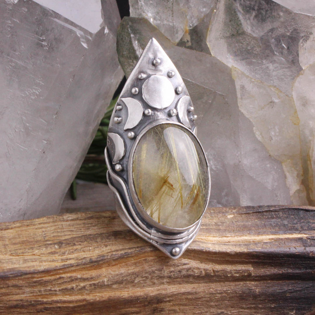 Moon Phase Shield Ring // Rutilated Quartz - Acid Queen Jewelry