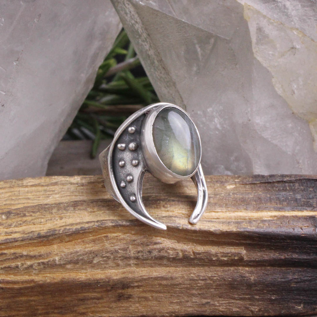 Crescent Moon Warrior Ring // Labradorite - Acid Queen Jewelry