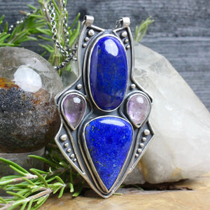 Empress Chest Shield Necklace // Lapis Lazuli and Amethyst - Acid Queen Jewelry