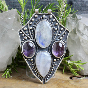 Empress Chest Shield Necklace // Rainbow Moonstone and Amethyst - Acid Queen Jewelry