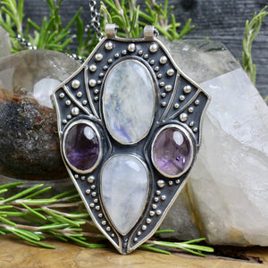Empress Chest Shield Necklace // Rainbow Moonstone and Amethyst - Acid Queen Jewelry