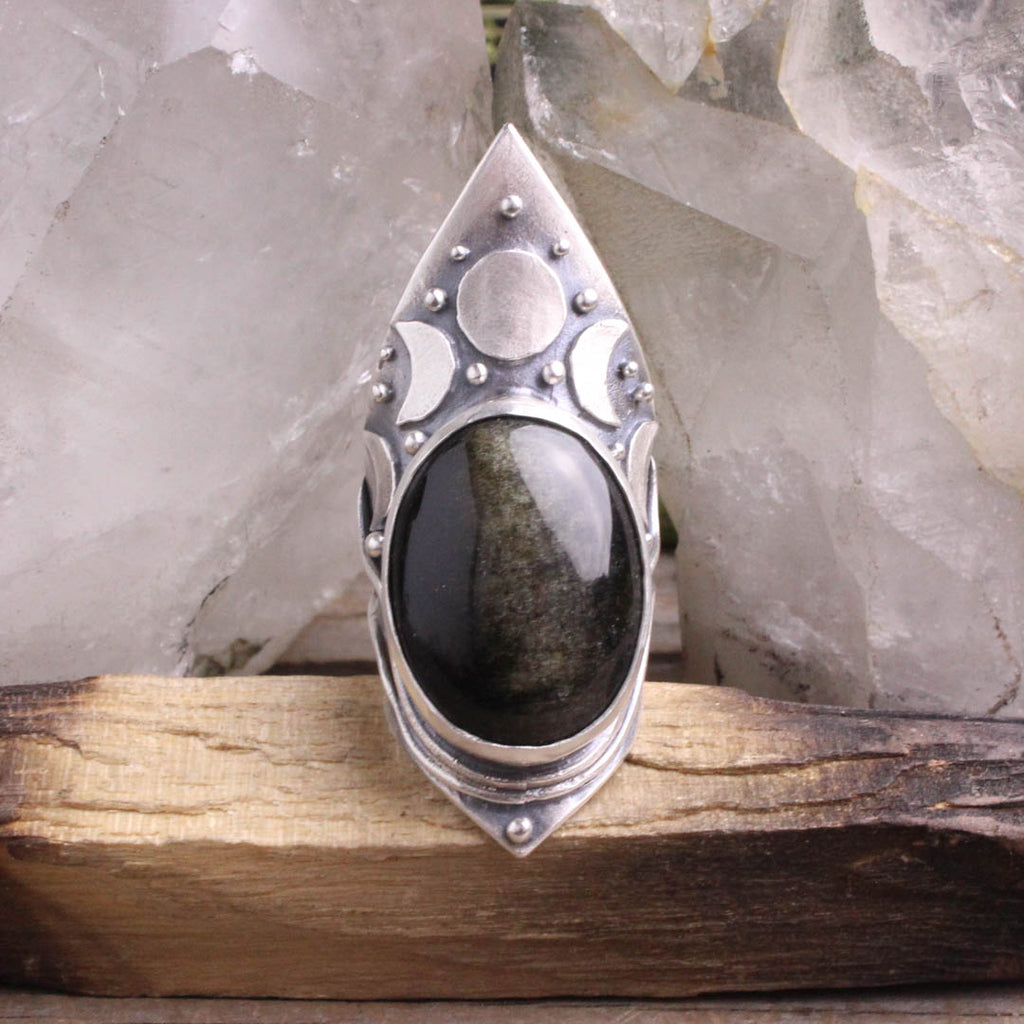 Moon Phase Shield Ring // Black Obsidian Sheen - Acid Queen Jewelry