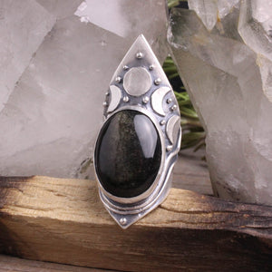 Moon Phase Shield Ring // Black Obsidian Sheen