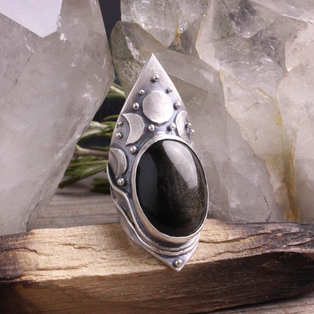 Moon Phase Shield Ring // Black Obsidian Sheen - Acid Queen Jewelry