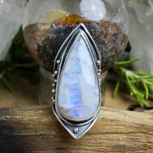 Warrior Shield Ring // Rainbow Moonstone - Size 8 - Acid Queen Jewelry
