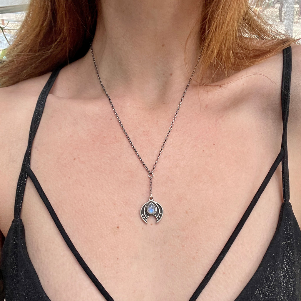 Crescent Moon Lariat Necklace // Rainbow Moonstone - Acid Queen Jewelry