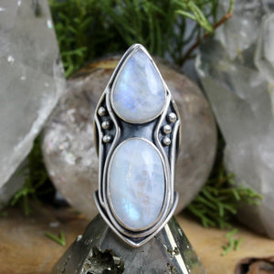 Warrior Shield Ring // Double Rainbow Moonstone - Size 10 - Acid Queen Jewelry