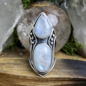 Warrior Shield Ring // Double Rainbow Moonstone - Size 10 - Acid Queen Jewelry