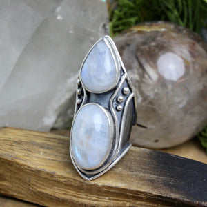 Warrior Shield Ring // Double Rainbow Moonstone - Size 10 - Acid Queen Jewelry