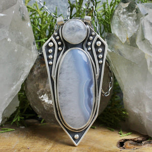 Voyager Shield Necklace // Rainbow Moonstone + Blue Lace Agate - Acid Queen Jewelry
