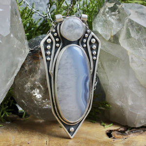 Voyager Shield Necklace // Rainbow Moonstone + Blue Lace Agate - Acid Queen Jewelry