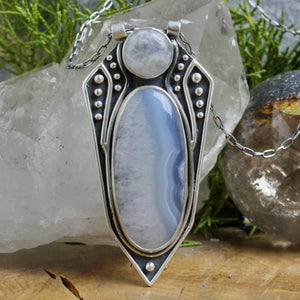 Voyager Shield Necklace // Rainbow Moonstone + Blue Lace Agate - Acid Queen Jewelry