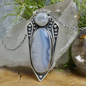 Voyager Shield Necklace // Rainbow Moonstone + Blue Lace Agate - Acid Queen Jewelry