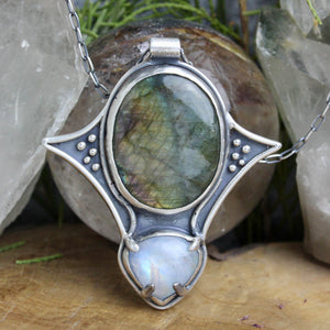 Voyager Shield Necklace // Labradorite + Rainbow Moonstone - Acid Queen Jewelry