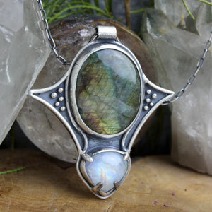 Voyager Shield Necklace // Labradorite + Rainbow Moonstone - Acid Queen Jewelry