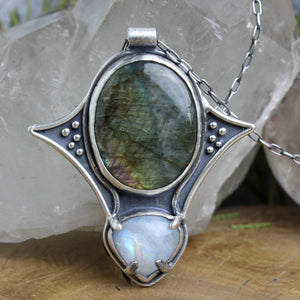 Voyager Shield Necklace // Labradorite + Rainbow Moonstone - Acid Queen Jewelry